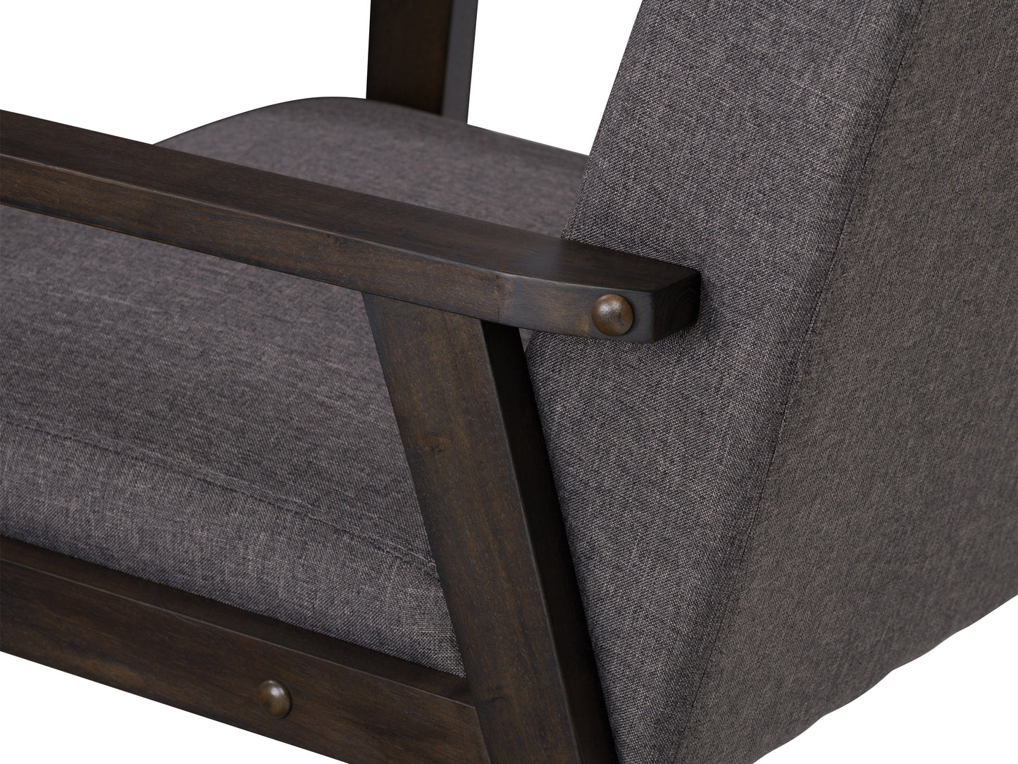 Brown wood accent chair with beige cushions, mid-century design, and angled wooden legs.