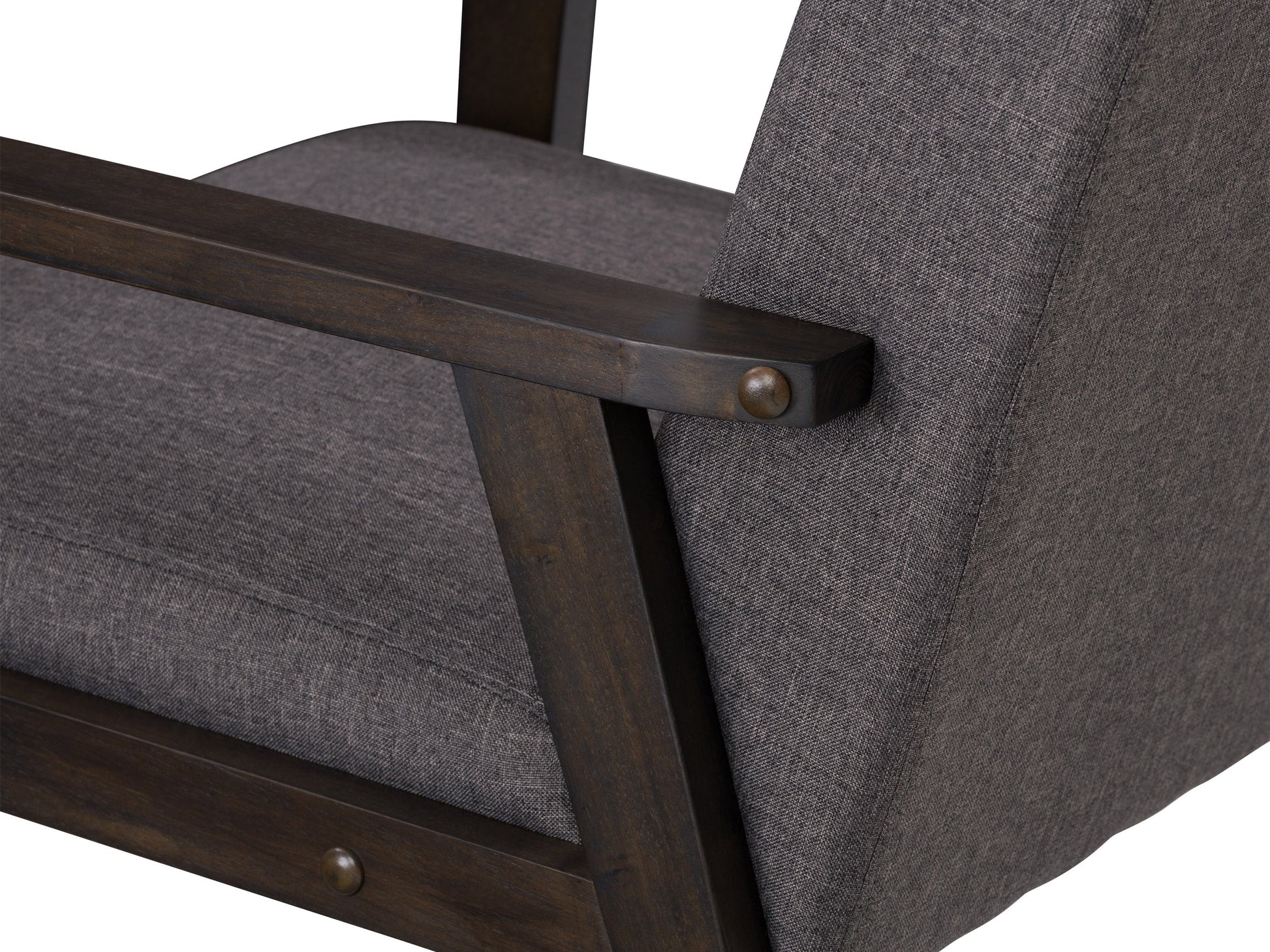 Brown wood accent chair with beige cushions, mid-century design, and angled wooden legs.