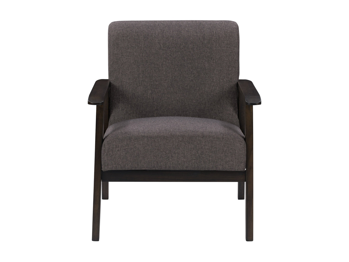 Brown wood accent chair with cushioned seat and backrest, featuring sleek lines and minimalist design.