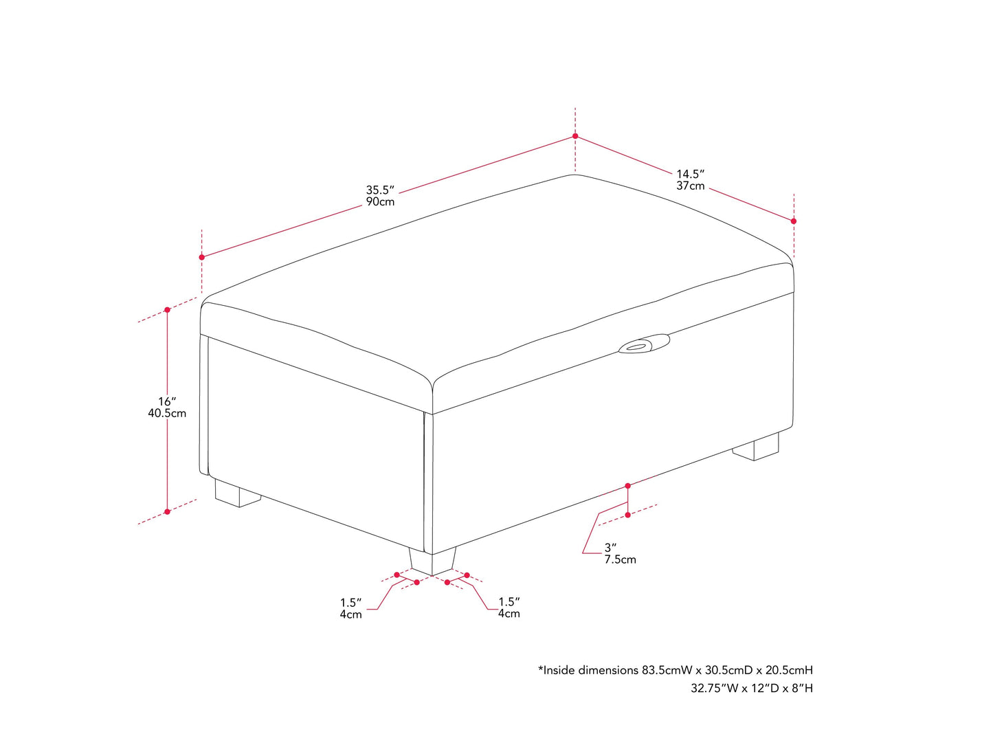 Cream boucle storage ottoman with wooden legs, tufted cushion, and hidden storage compartment.