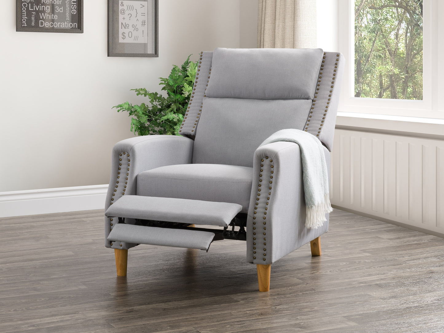 Gray reclining accent chair with plush upholstery, wooden legs, and a modern design. Perfect for living rooms, this comfortable recliner features a sleek silhouette and neutral color to complement various decors.