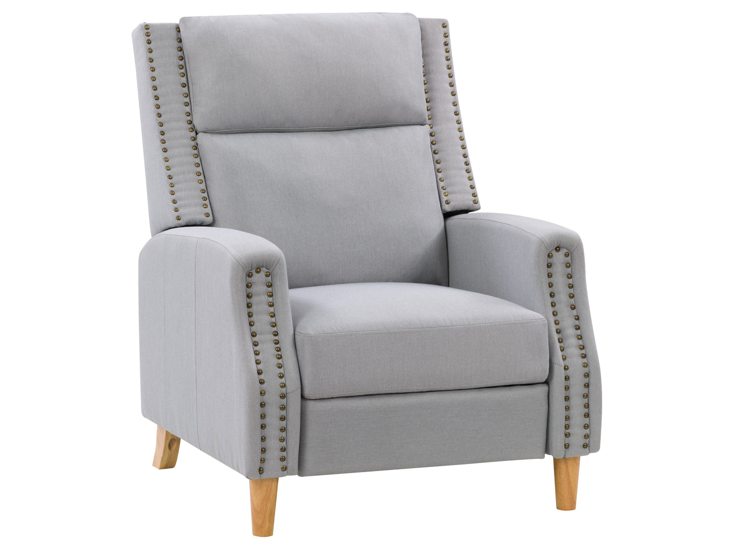 Modern grey reclining accent chair with soft fabric upholstery, tufted backrest, padded armrests, and wooden legs. Ideal for living rooms or home offices, providing comfort and style for relaxation.