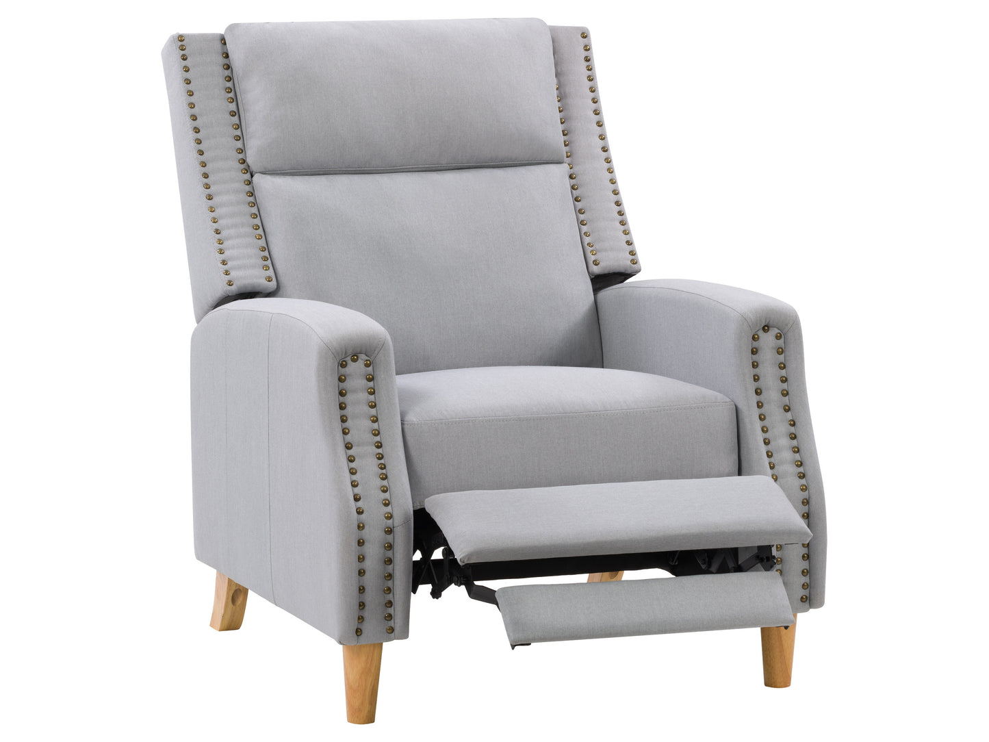 Modern reclining accent chair in light beige fabric with plush cushioning, featuring sleek wooden legs and a built-in footrest. Ideal for living rooms or reading nooks, offering both style and comfort.
