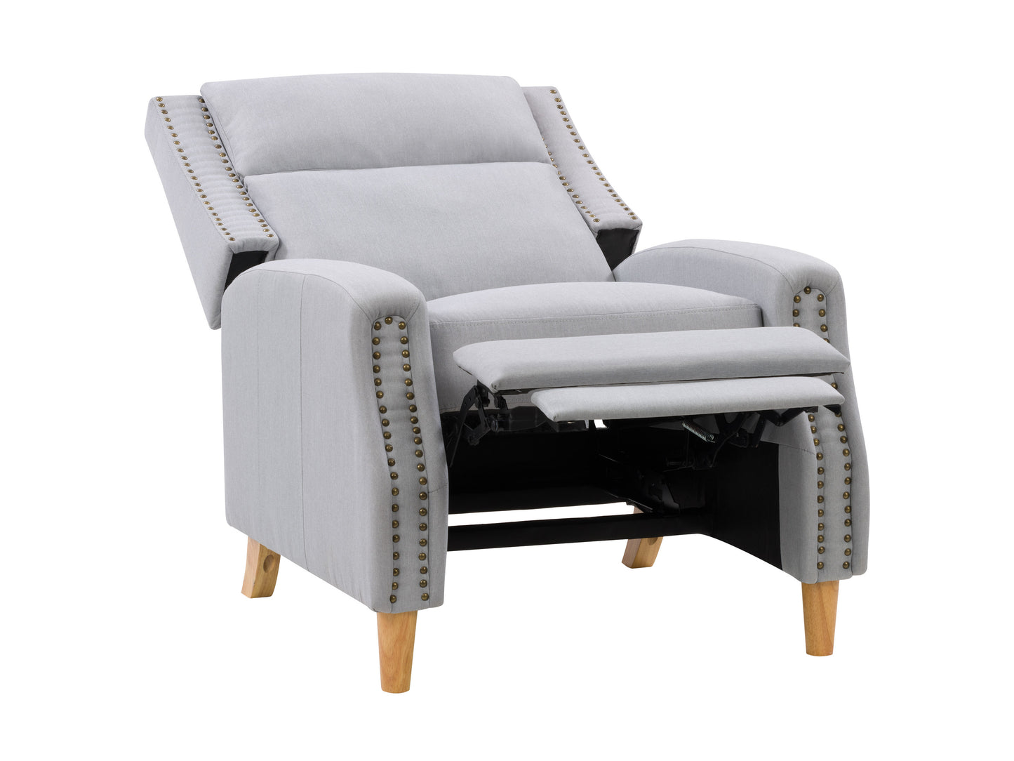 Modern gray reclining accent chair with plush upholstery, sleek black metal legs, and a comfortable padded backrest. Ideal for living rooms or offices, this stylish recliner combines comfort and contemporary design.