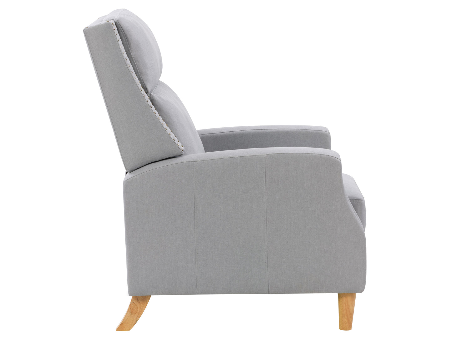 Modern reclining accent chair with plush, grey fabric upholstery, padded armrests, and a sleek, black metal frame. Ideal for living rooms, this recliner combines comfort with contemporary design.