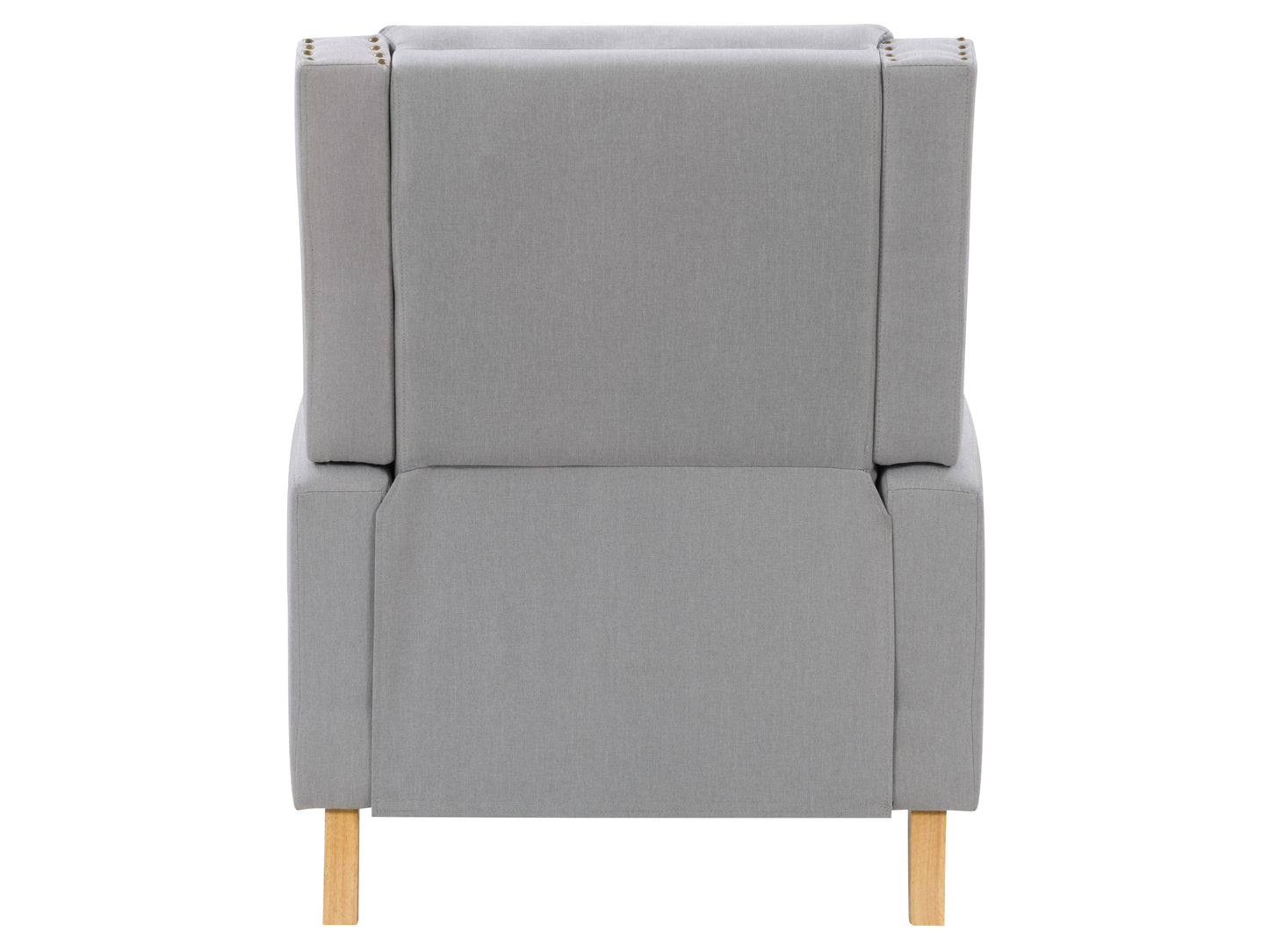 Gray fabric reclining accent chair with wooden legs, featuring a plush cushioned backrest and armrests. Ideal for living rooms, this modern recliner provides comfort and style with its sleek design and neutral color.