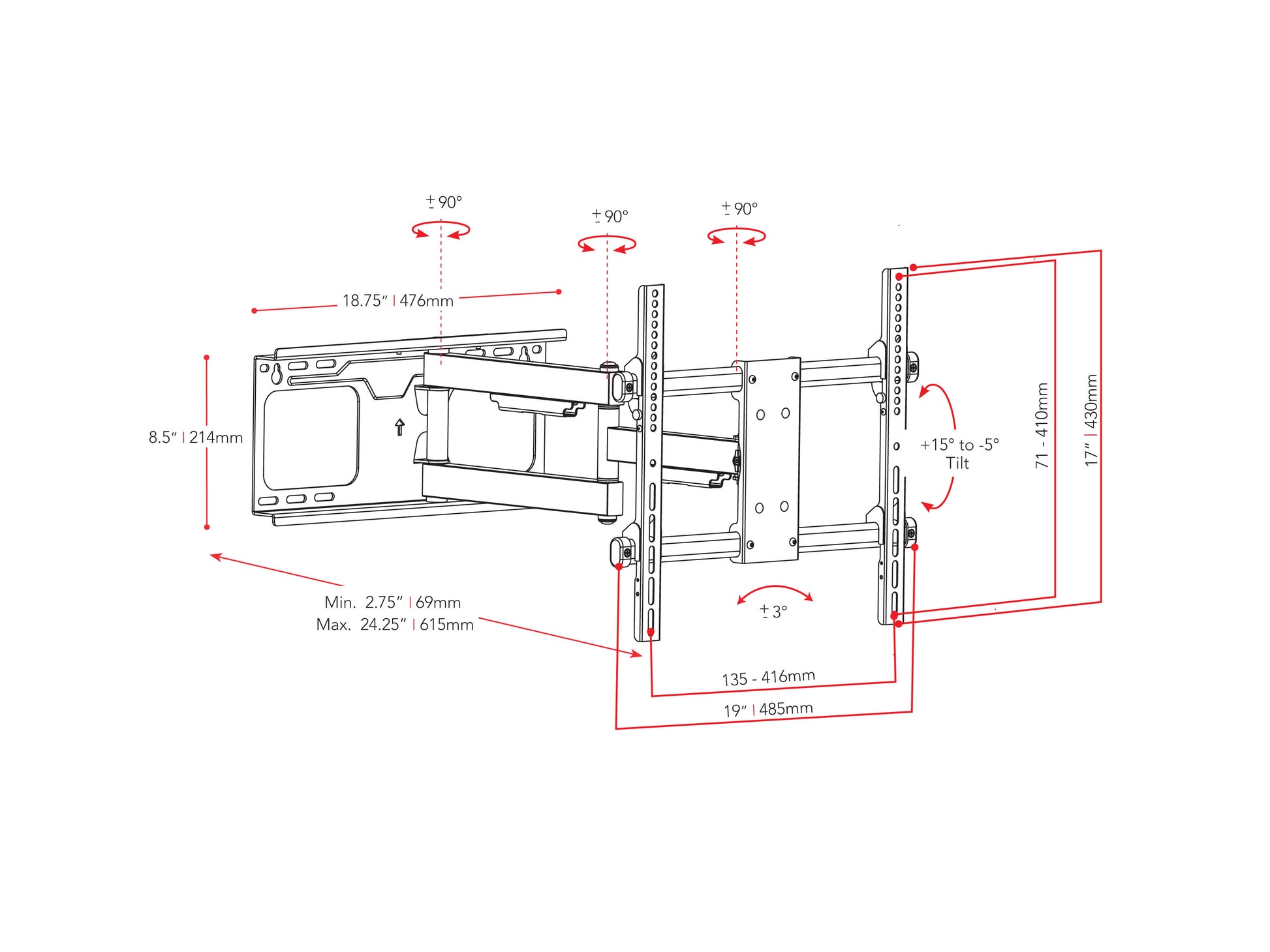 Full motion TV wall mount for 32" to 70" TVs, black metal construction, adjustable arms for versatile viewing angles, sturdy build for secure installation, sleek design for modern interiors.
