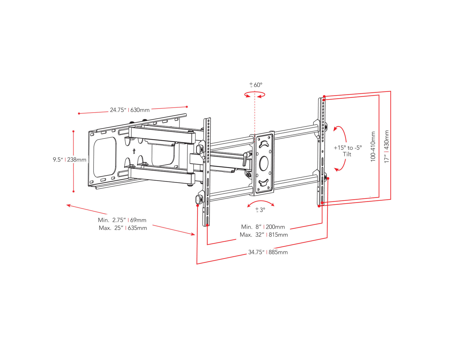 Full motion TV wall mount for 40" to 90" TVs, featuring adjustable arms, black finish, durable steel construction, and cable management system for a sleek, organized setup.