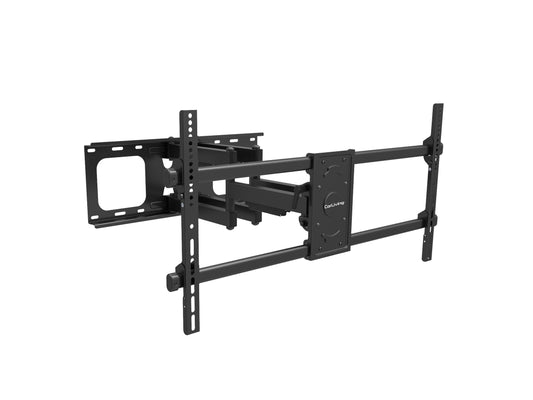 Full motion TV wall mount for 40" to 90" TVs, black steel construction with adjustable arms, swivel and tilt features, and cable management system for a sleek, organized home entertainment setup.