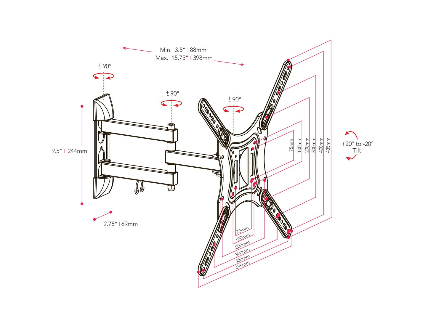 Black adjustable TV wall mount for 23" - 55" TVs, featuring a sturdy metal frame, tilting and swiveling capabilities, and a sleek, compact design for optimal space-saving and viewing angles.