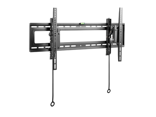 Tilting TV wall mount for 43" - 90" TVs, black steel frame, adjustable tilt angles, secure mounting brackets, easy installation, fits various TV brands, space-saving design, enhances viewing experience.