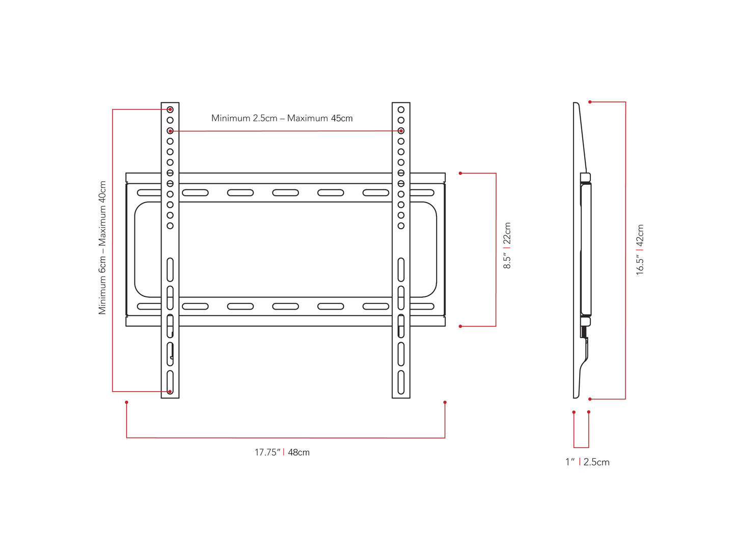 Fixed TV wall mount for 26" - 65" TVs, black steel construction with a sleek, low-profile design, secure mounting brackets, and easy installation features. Ideal for home or office use.
