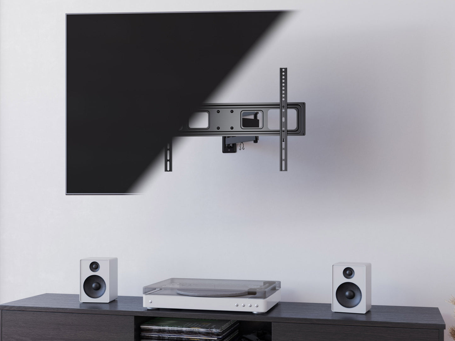 Full motion TV wall mount for 70" screens, black steel, adjustable arms, and sleek design.