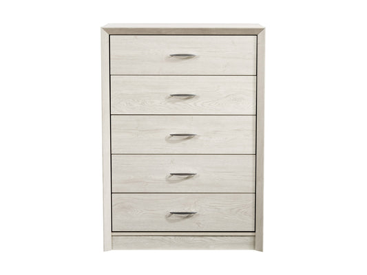 White washed oak tall bedroom dresser with five drawers, metal handles, and a sleek, modern design.