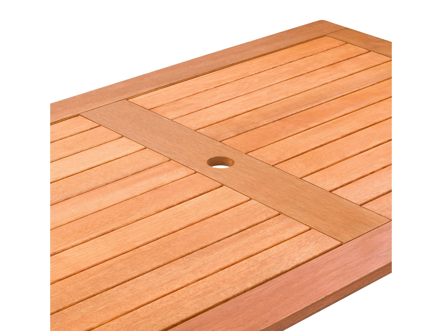 Outdoor wood dining table with brown finish, rectangular top, and sturdy legs for patio use.