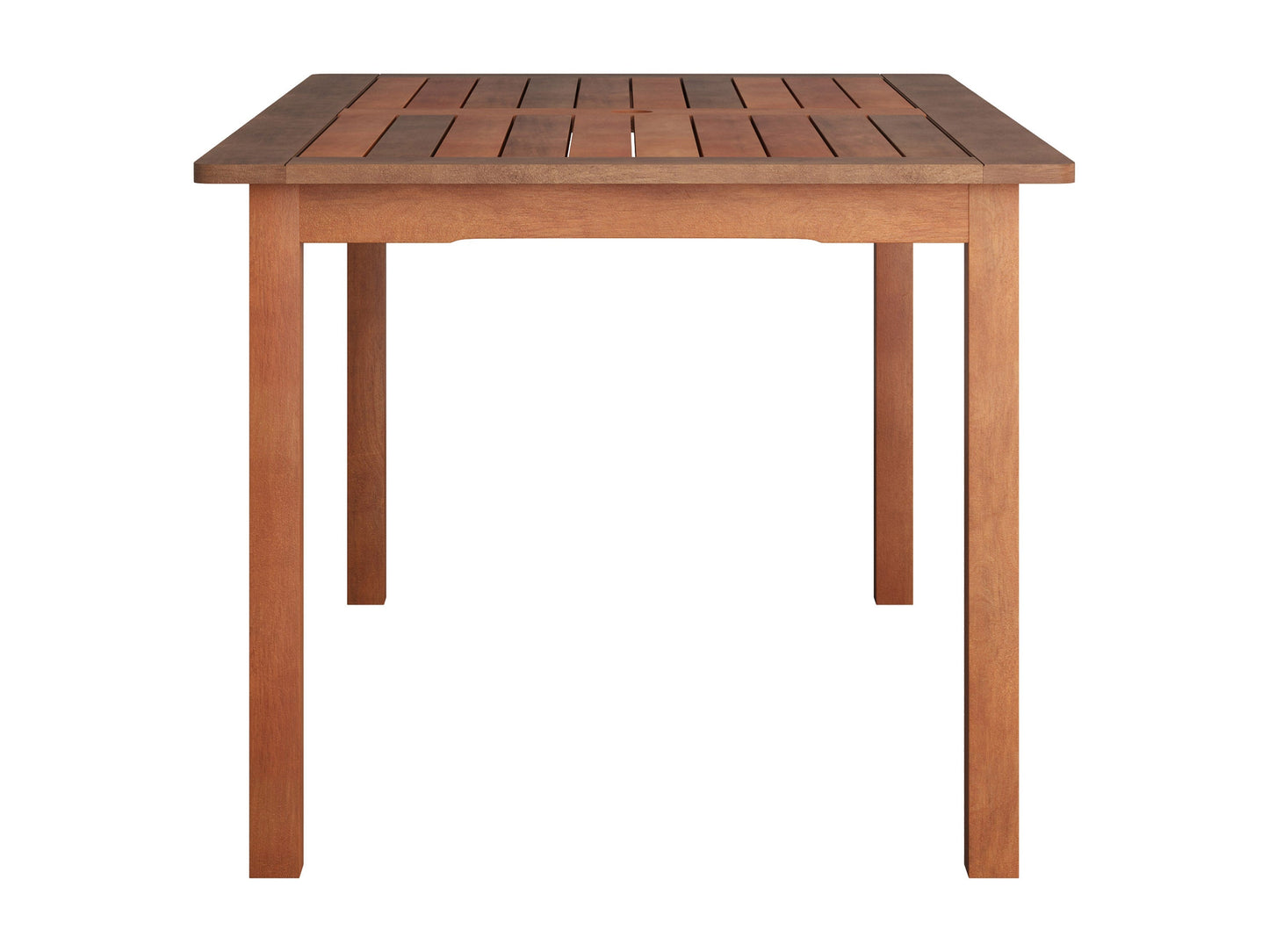 Brown outdoor wood dining table with slatted top and sturdy design for patios and gardens.