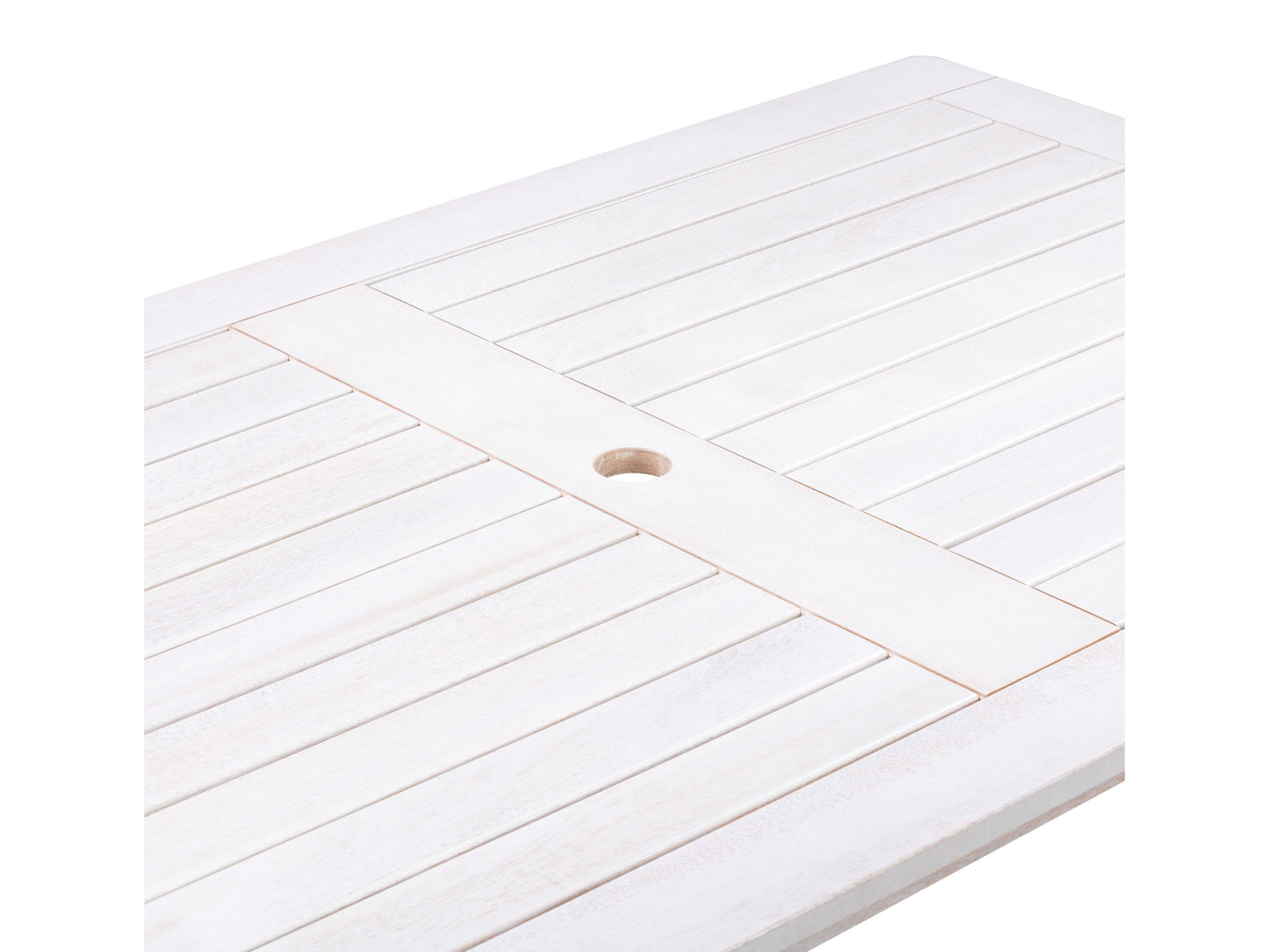 Outdoor washed white wood patio dining table with sleek rectangular design and weather-resistant finish.