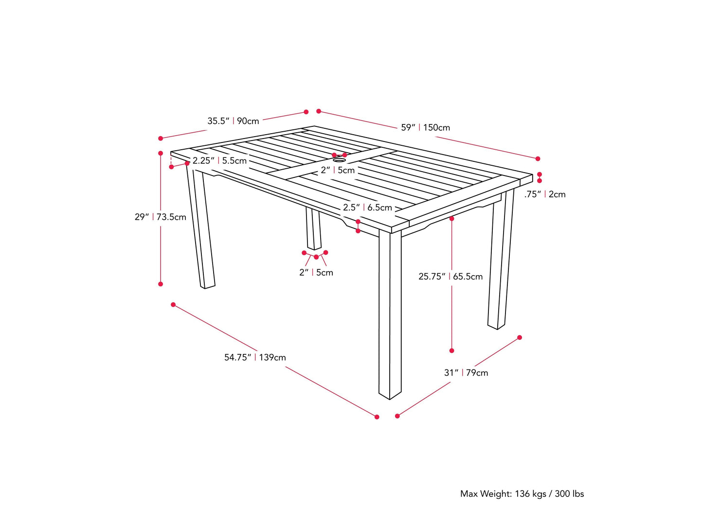 Outdoor wood dining table in washed white with a slatted top and sturdy legs, perfect for patio dining.