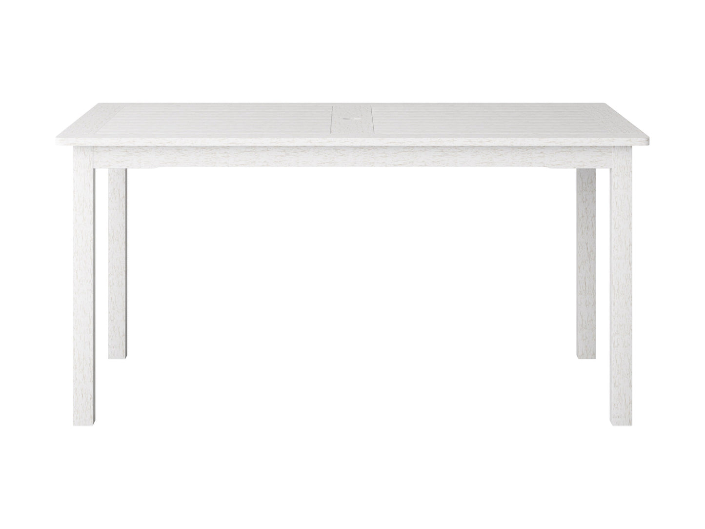 Washed white outdoor wood dining table with slatted top and sturdy legs, perfect for patio or garden use.