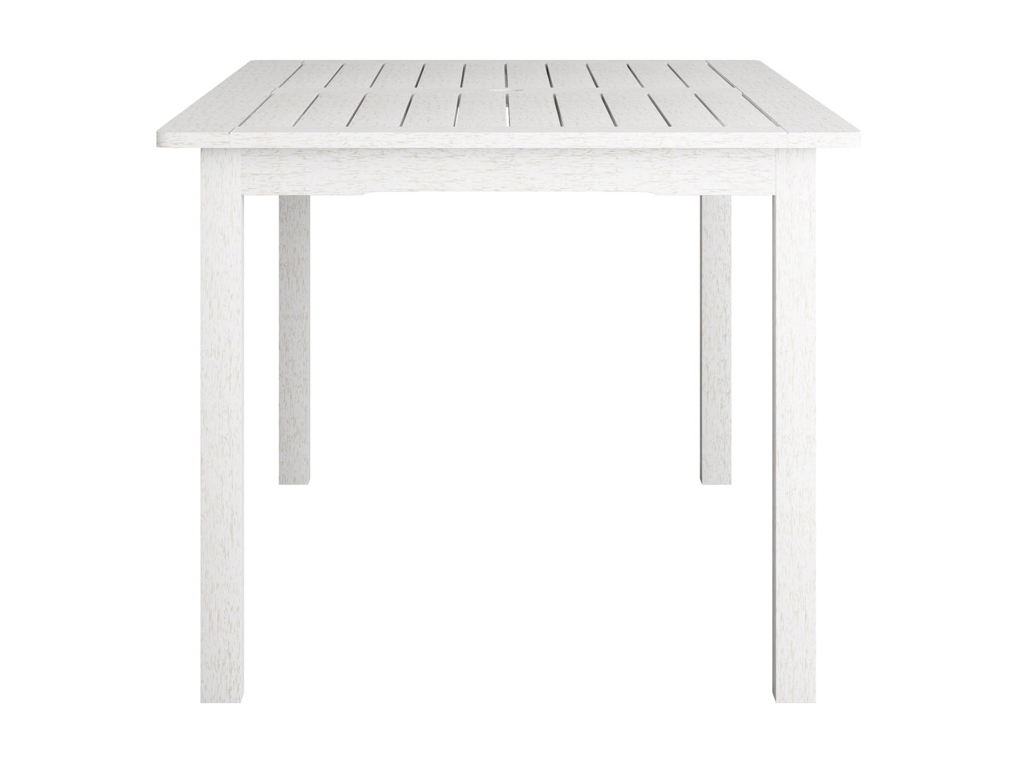 Washed white outdoor wood dining table, rectangular, slatted top, sturdy legs, perfect for patio or garden use.