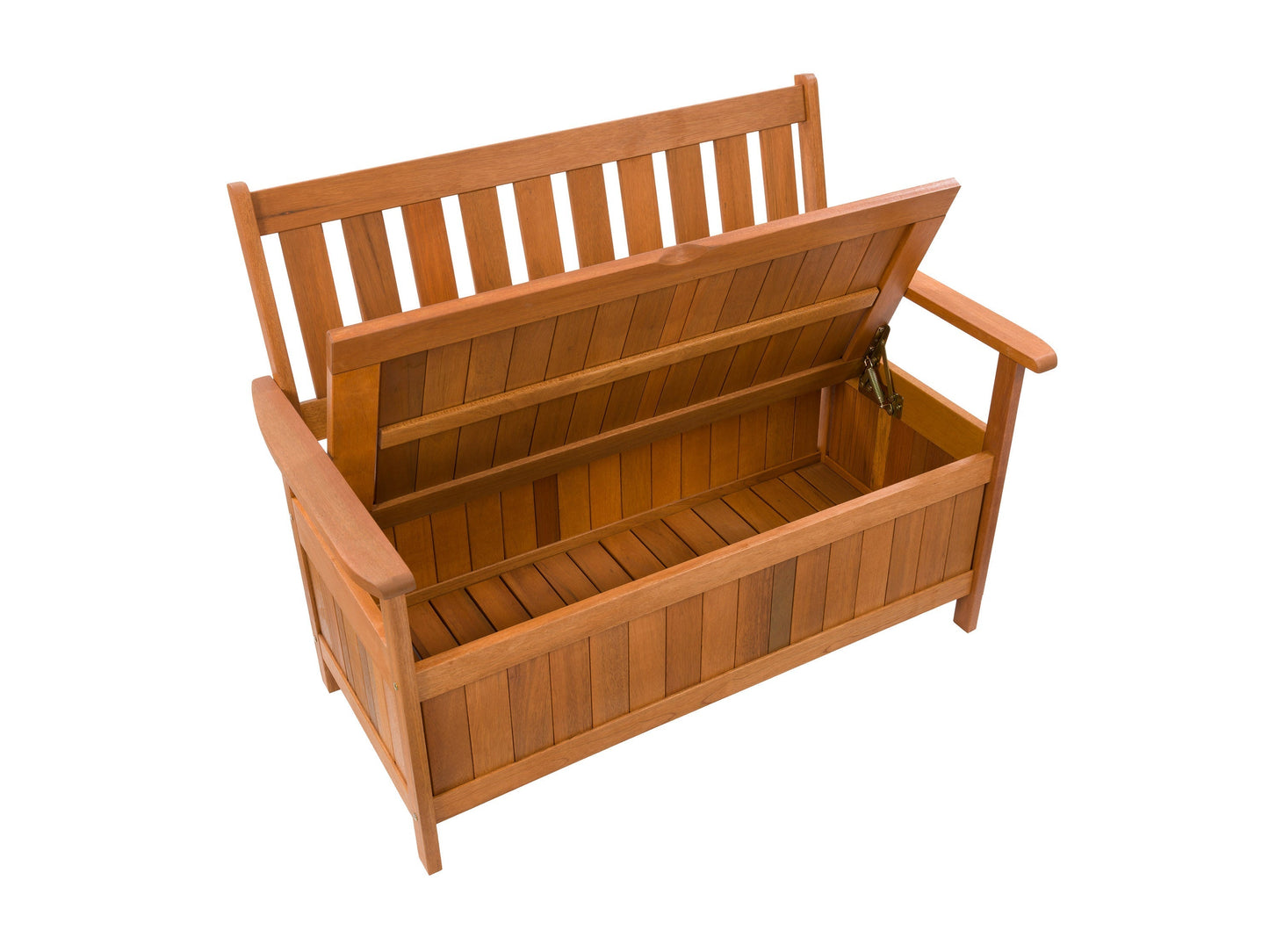 Brown wooden patio storage bench with slatted backrest, armrests, and spacious under-seat storage compartment.