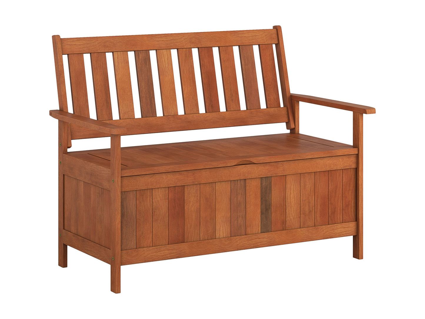 Brown wooden patio storage bench with slatted design, armrests, and weather-resistant finish.