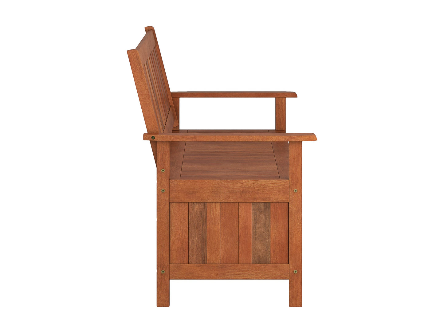 Brown wooden patio storage bench with slatted design and sturdy armrests.