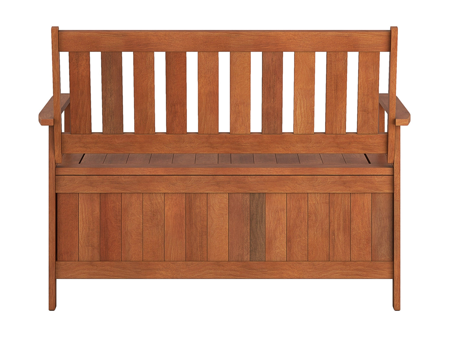 Brown wooden storage bench with slatted backrest, sturdy armrests, and spacious under-seat storage for patio use.