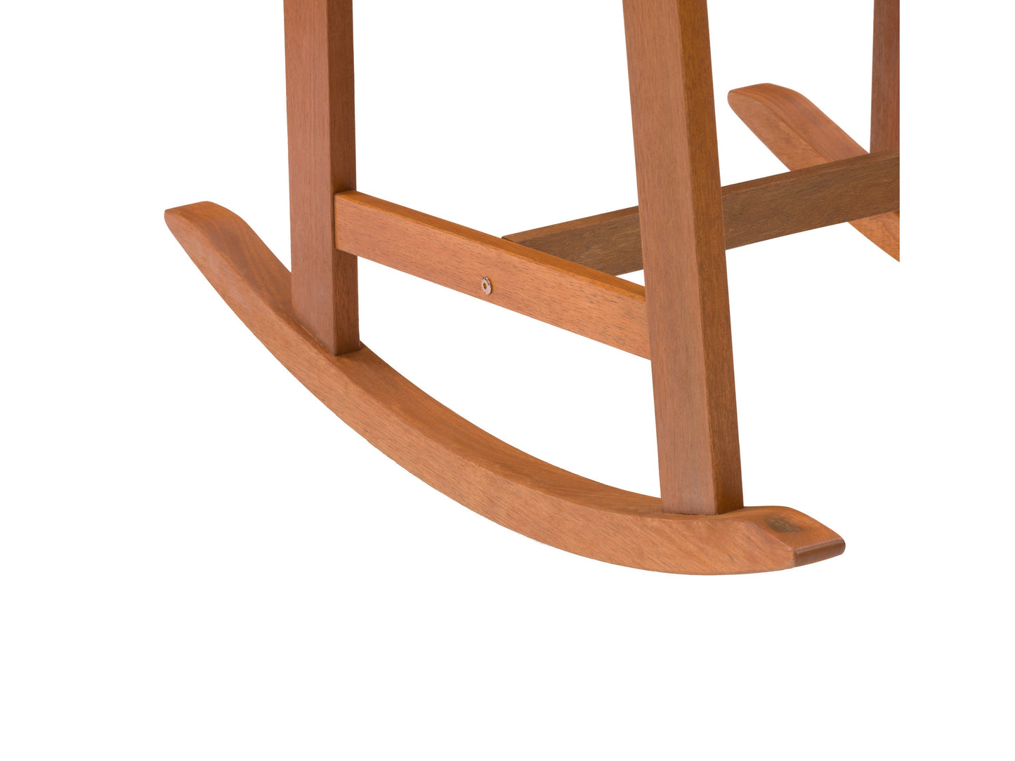 Brown outdoor rocking chair with wooden frame, slatted backrest, and comfortable armrests for patio or garden use.