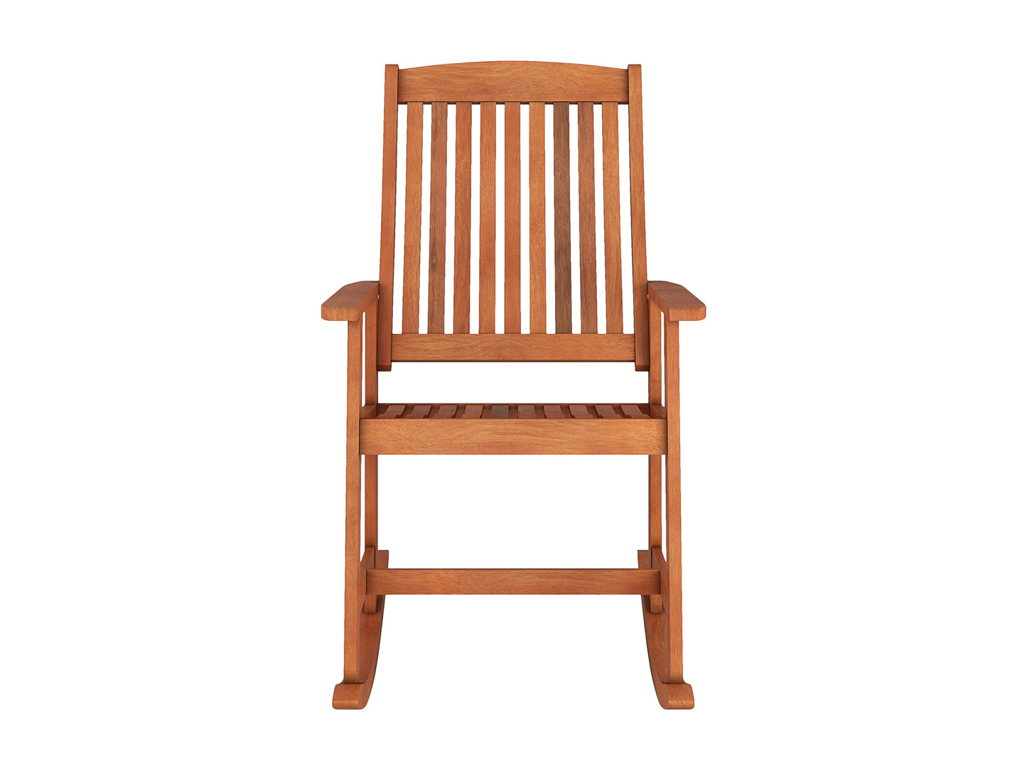 Brown outdoor rocking chair with curved wooden frame, padded seat, and backrest, perfect for patio relaxation.