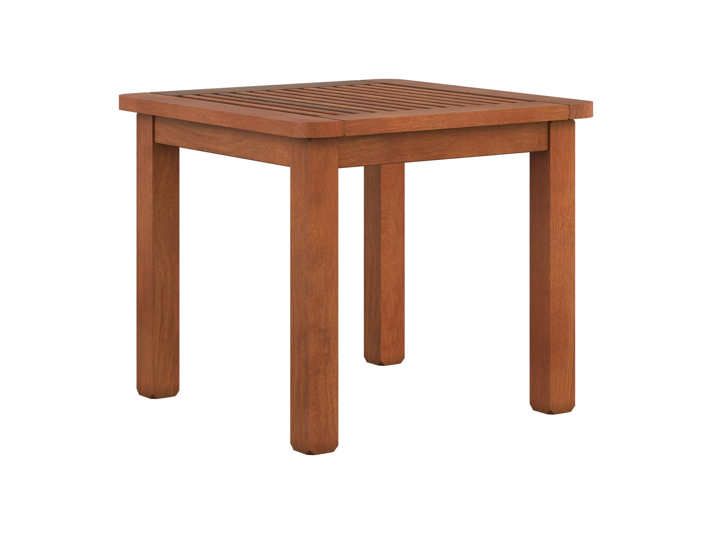 Hardwood outdoor side table in brown with a slatted top and sturdy legs, perfect for patio or garden use.