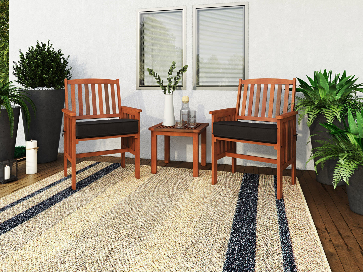 Brown 3-piece patio conversation set with wicker chairs, beige cushions, and a glass-top coffee table.
