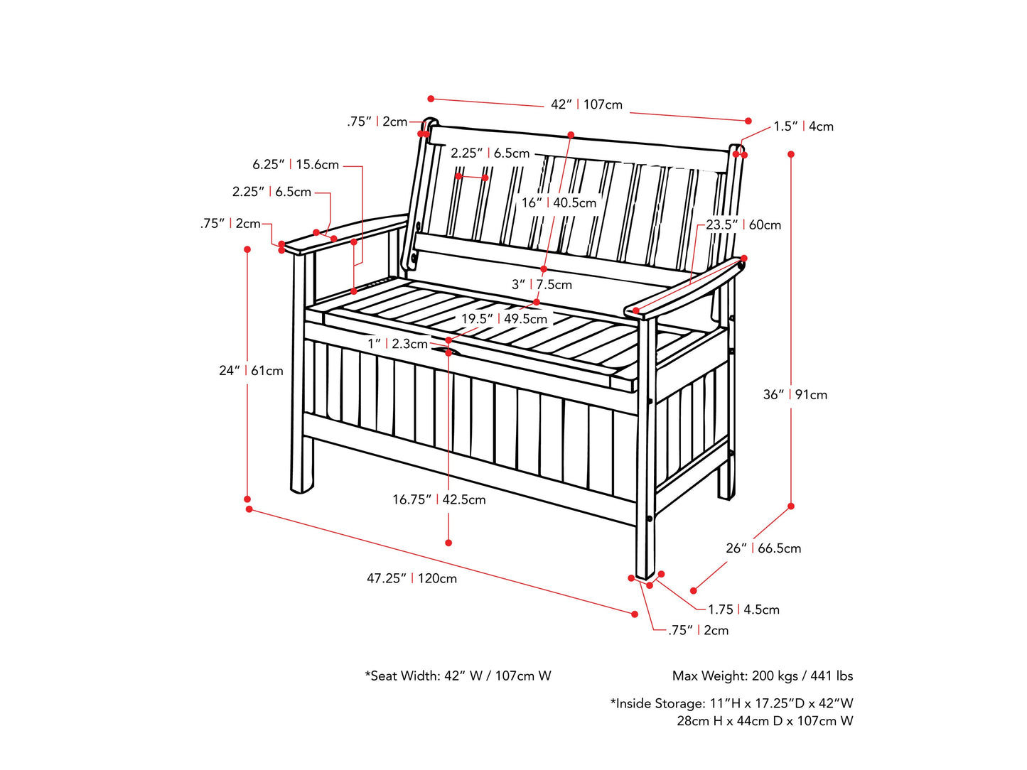 Washed white wooden patio storage bench with slatted backrest and spacious seating.