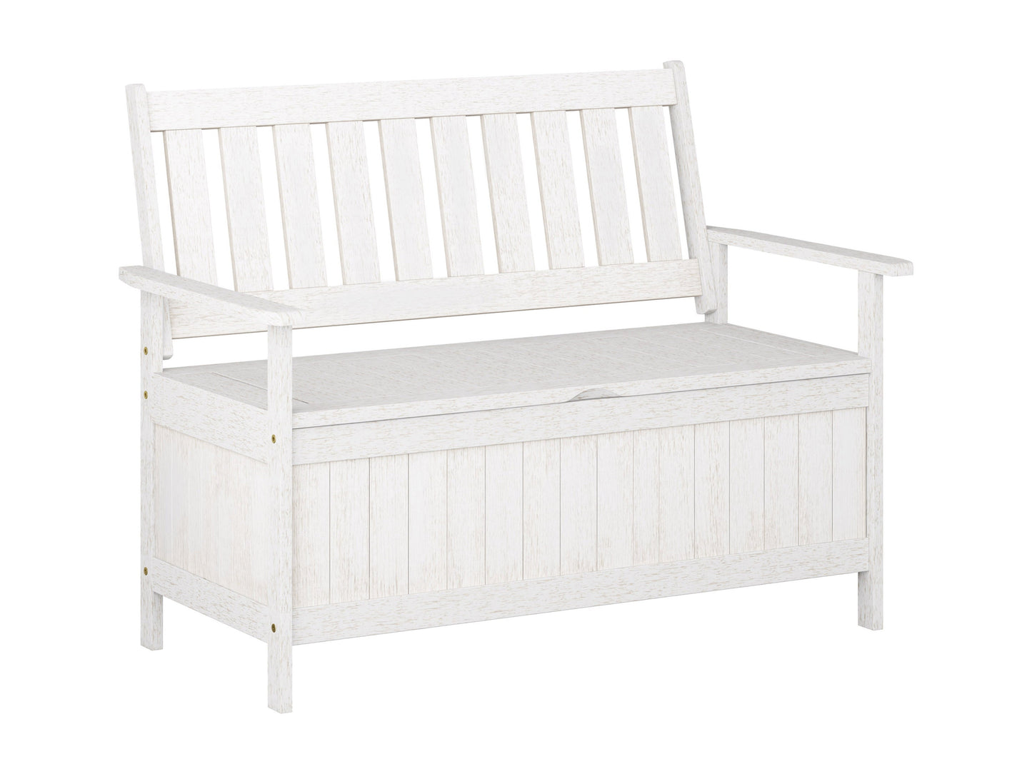 Washed white wooden patio storage bench with slatted backrest and armrests, ideal for outdoor seating and storage.