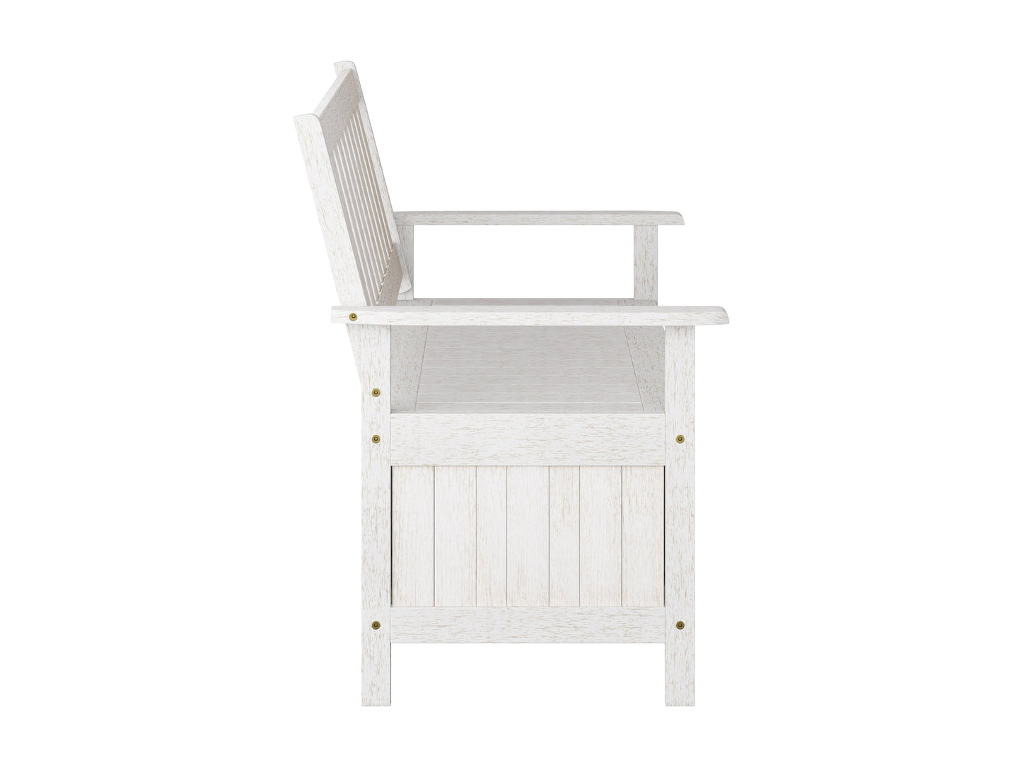 Washed white wooden patio storage bench with slatted backrest and armrests, perfect for outdoor seating and storage.