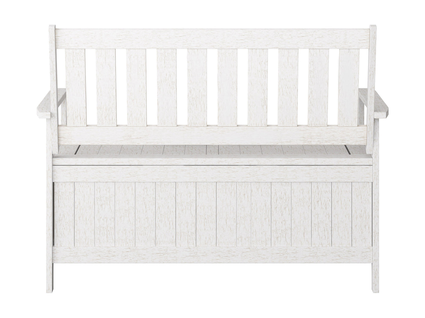 Washed white wooden patio bench with storage compartment, slatted backrest, and armrests.