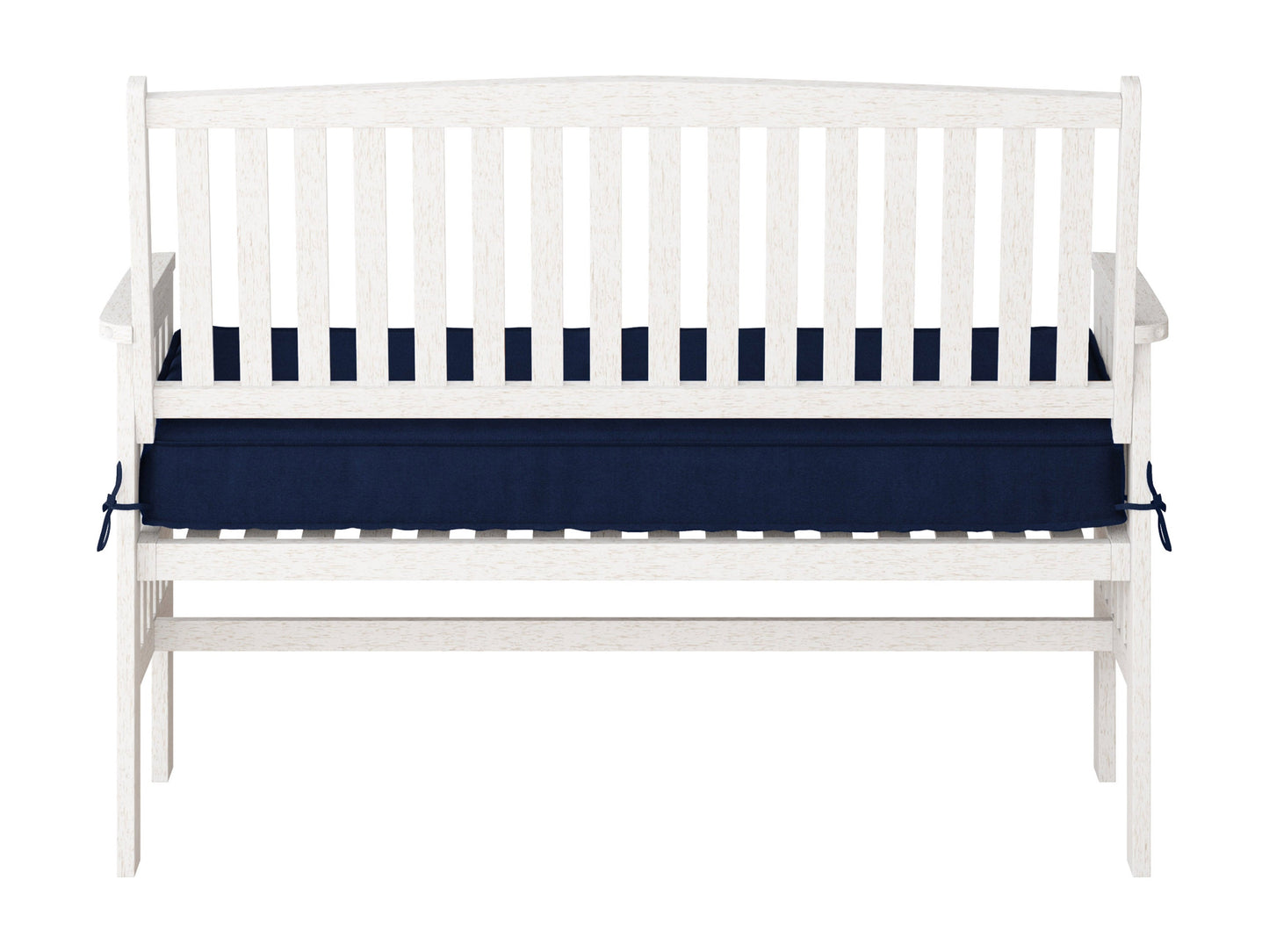 Washed white wood patio bench with backrest, slatted design, and sturdy construction for outdoor seating.