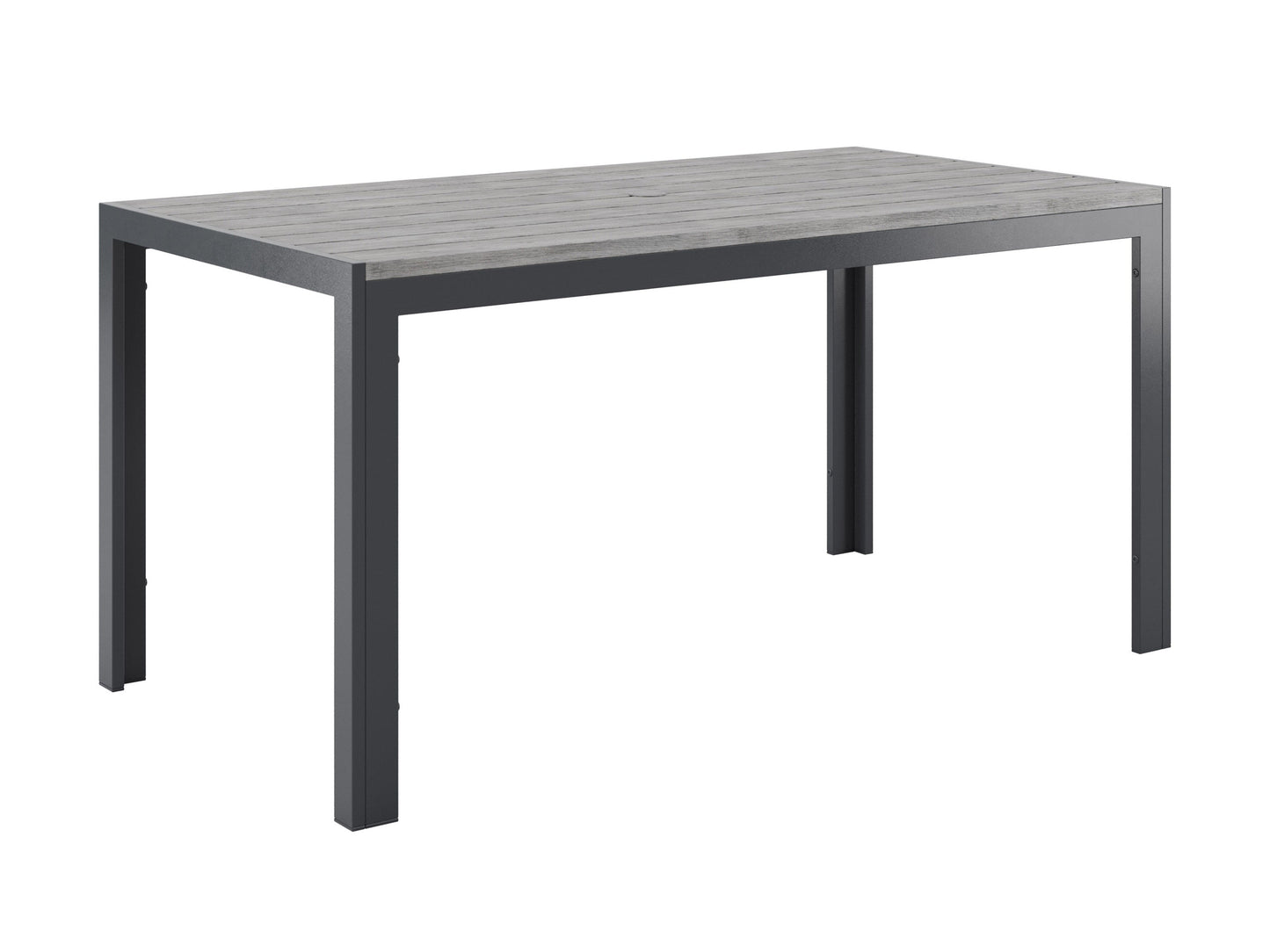 Outdoor patio dining set, 7-piece, grey wicker with cushioned chairs and rectangular glass-top table.