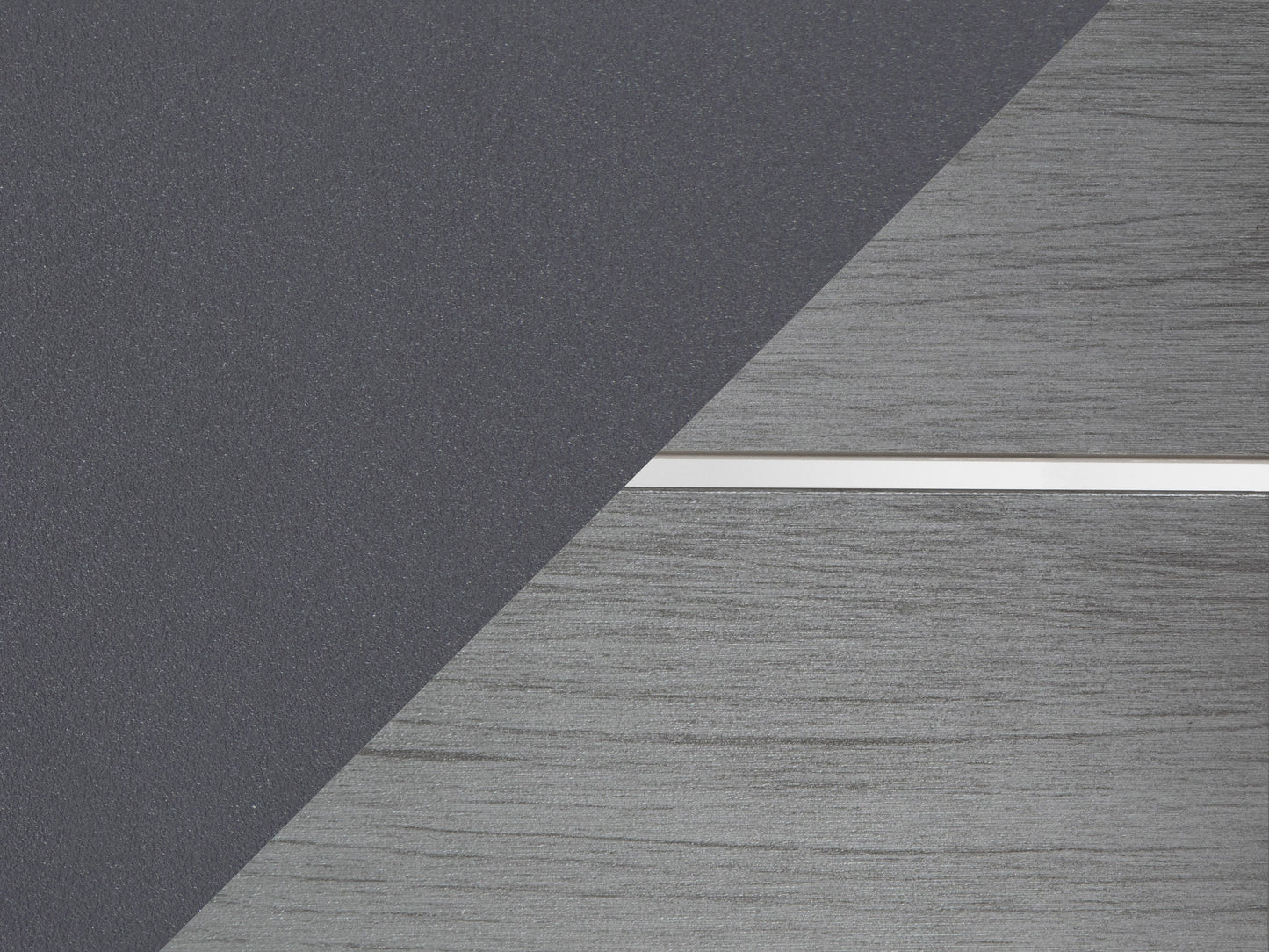 Outdoor bar table with grey slatted top, dark metal frame, and modern minimalist design for patio or garden use.