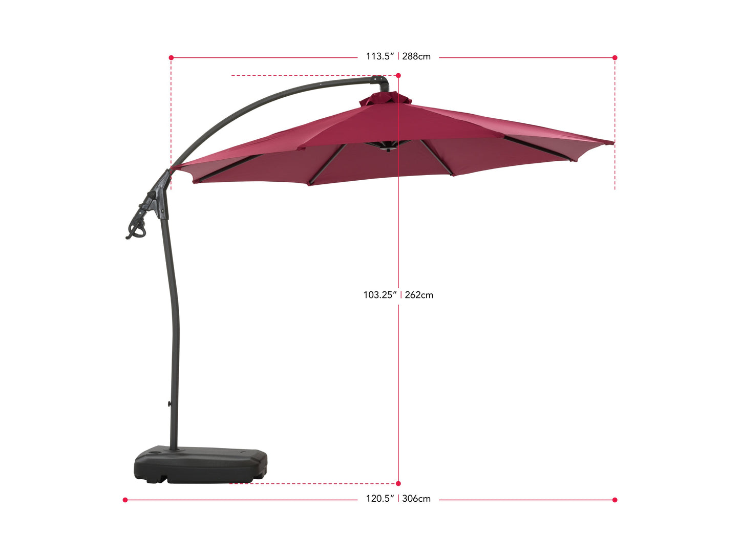 Wine red cantilever patio umbrella with sturdy base, adjustable canopy, and weather-resistant fabric.
