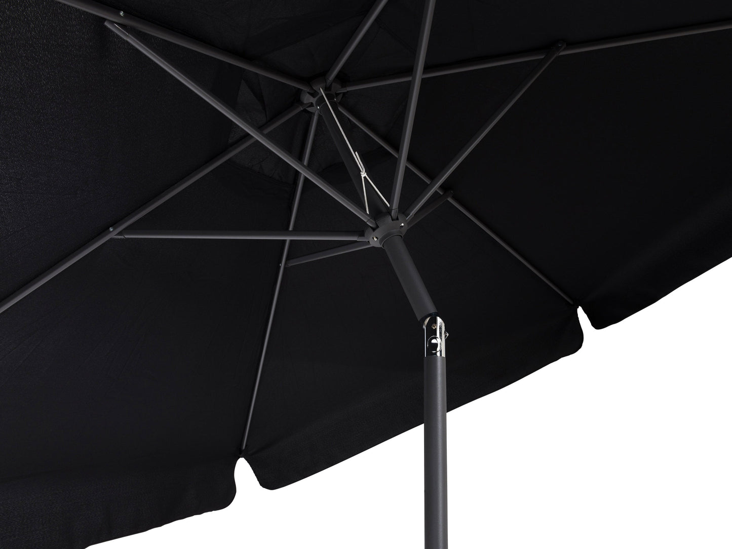 10ft round black tilting patio umbrella with sturdy metal frame and UV-resistant fabric.