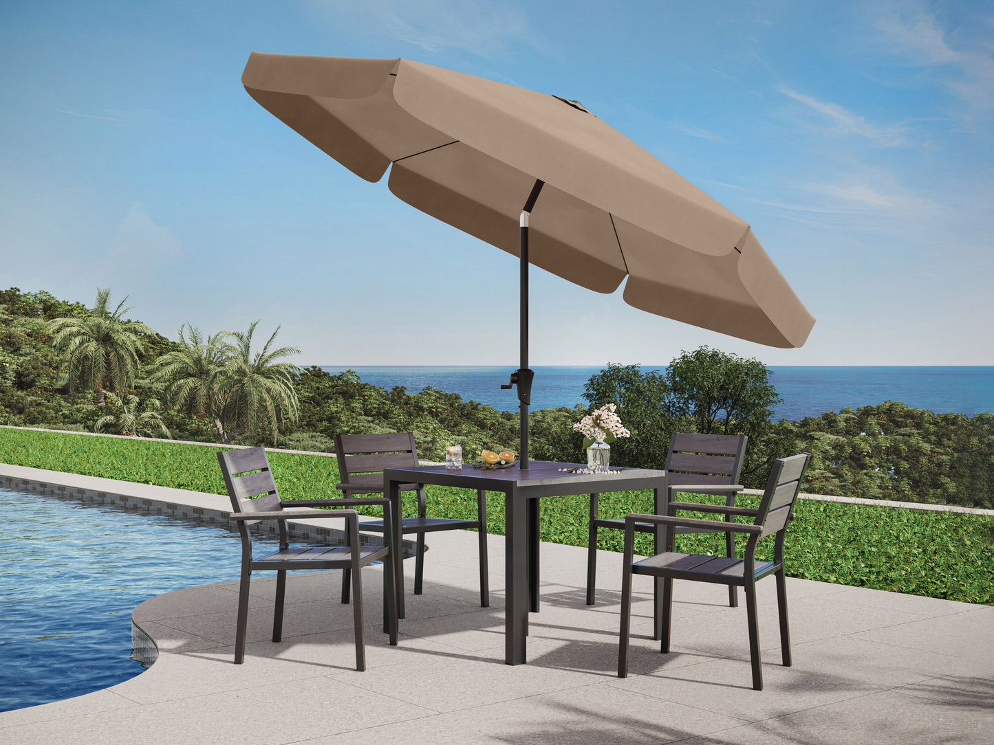 10ft brown patio umbrella with tilting feature, round canopy, and sturdy metal pole for outdoor use.