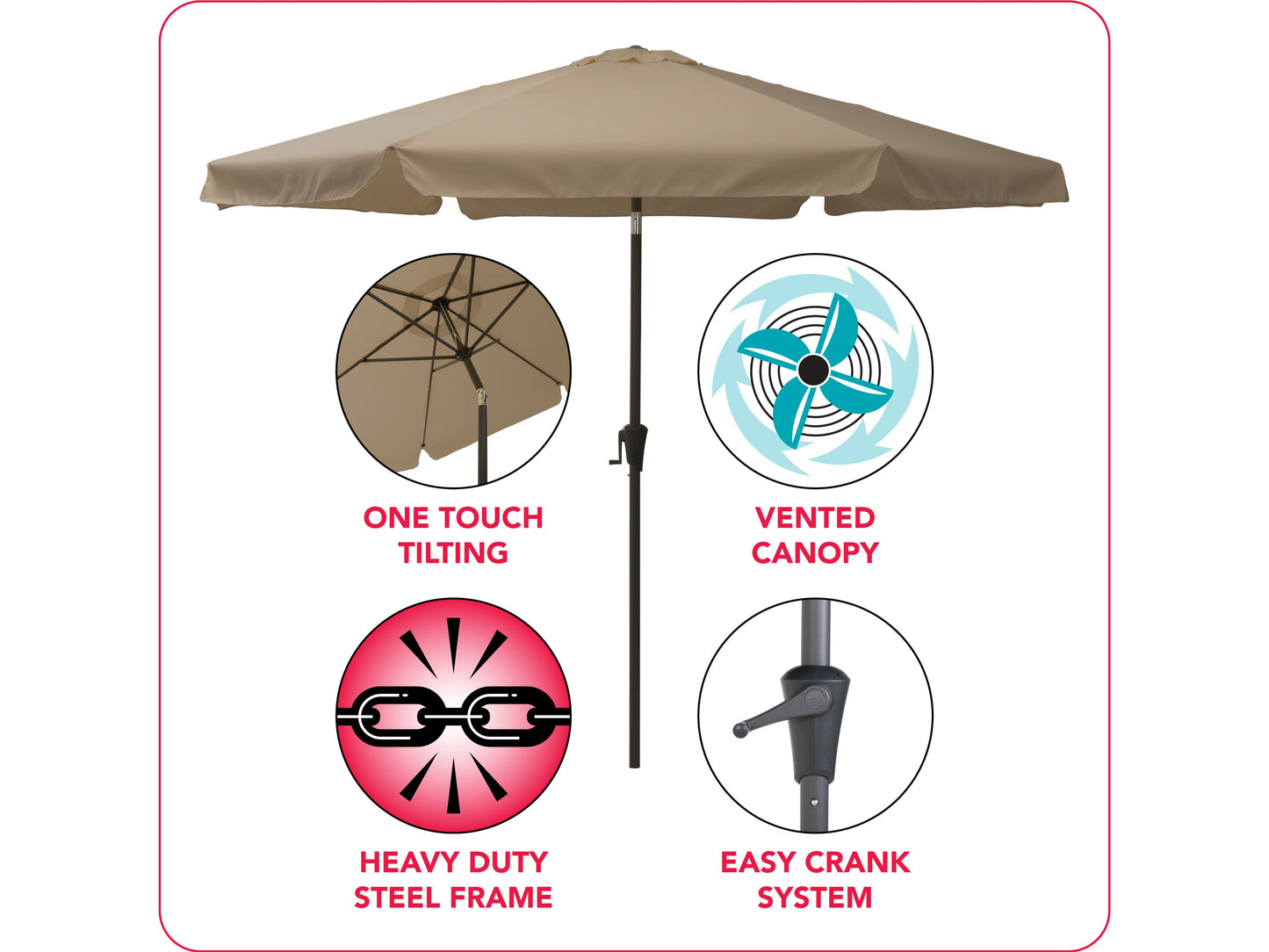 Brown 10ft round patio umbrella with tilting feature, UV-resistant fabric, and sturdy aluminum pole for outdoor use.