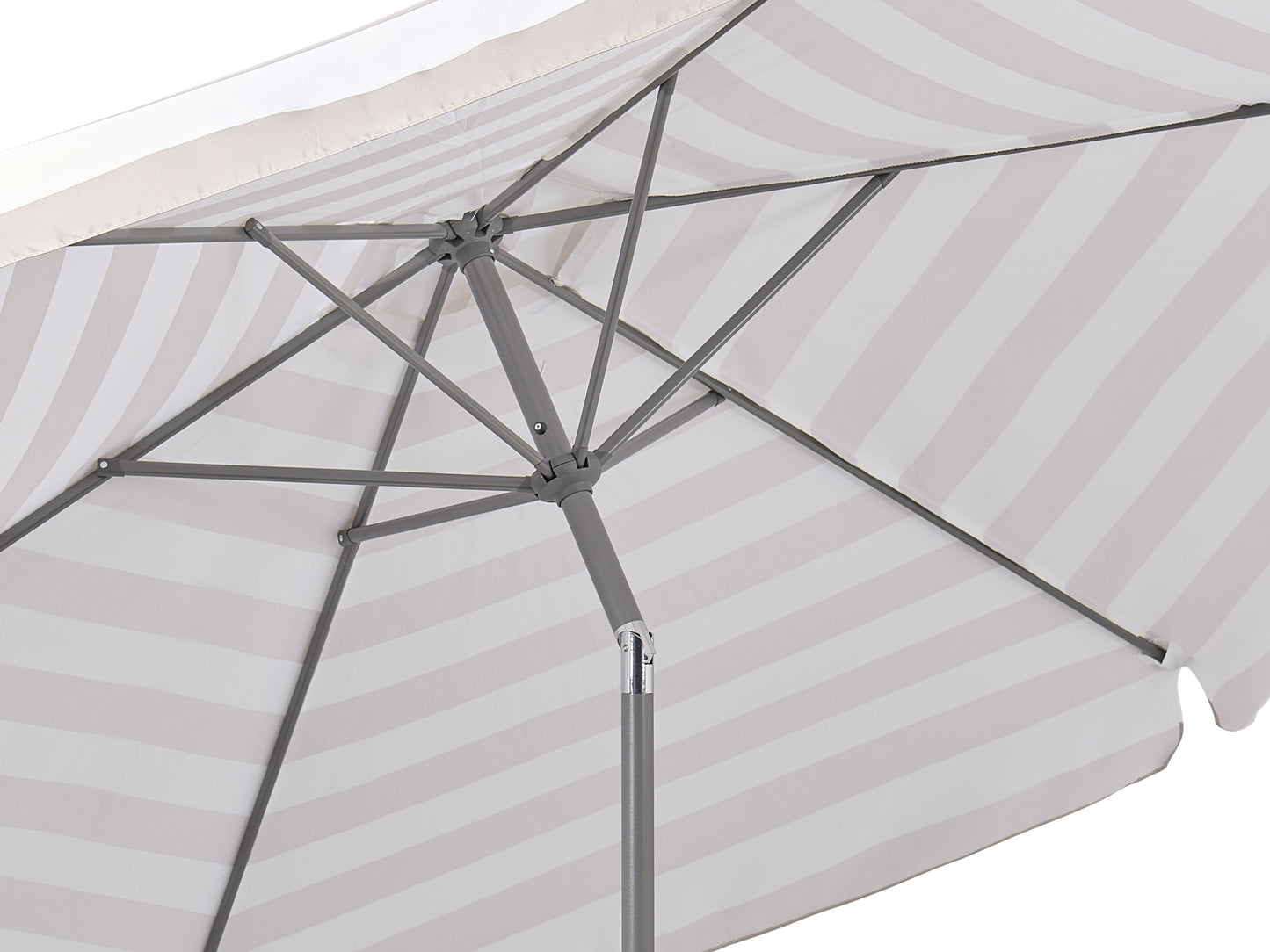 10ft taupe and white patio umbrella, round tilting design, UV-resistant fabric, sturdy aluminum pole.