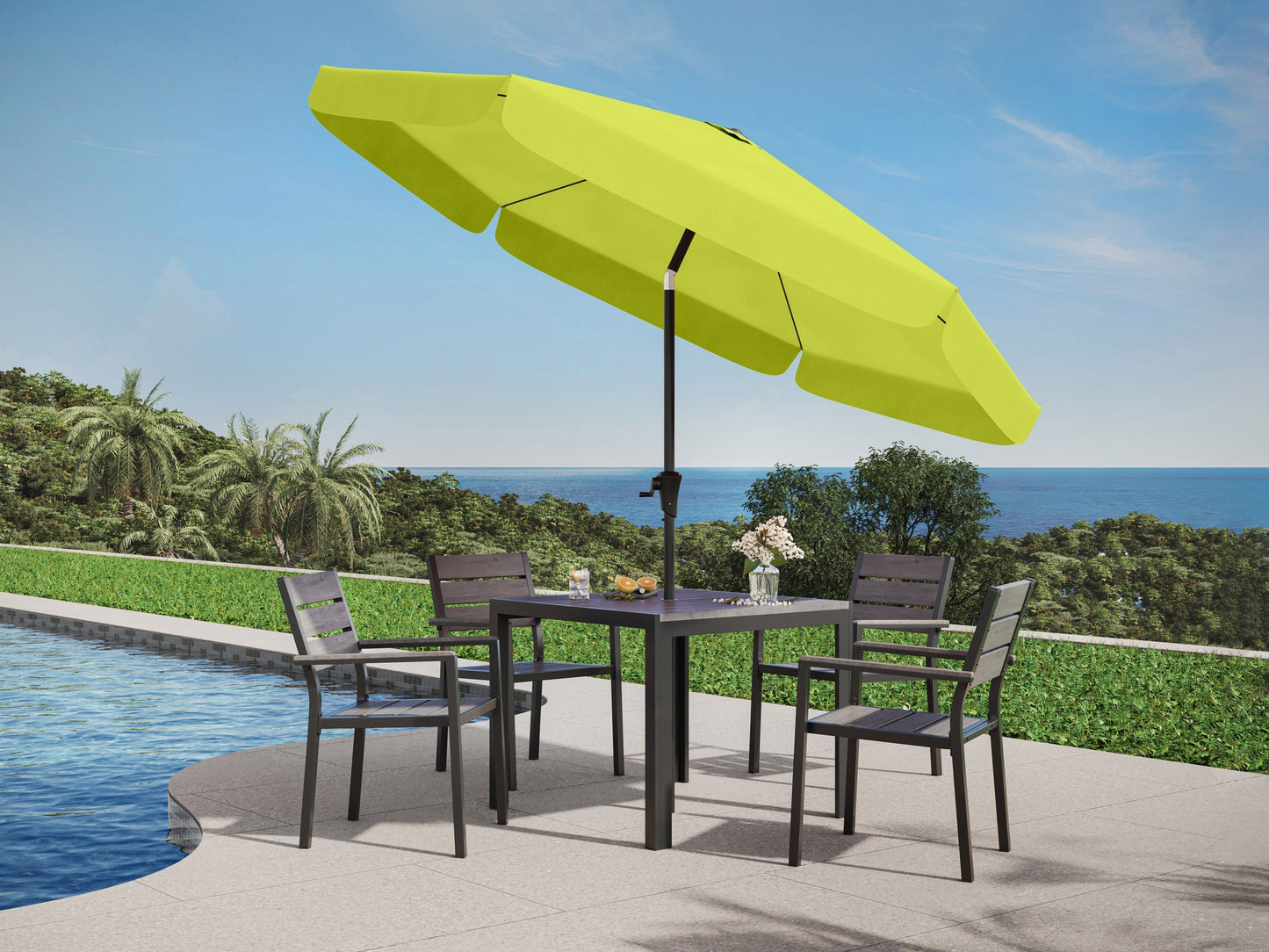 Lime green 10ft round patio umbrella with tilting feature, sturdy metal pole, and UV-resistant fabric for outdoor use.