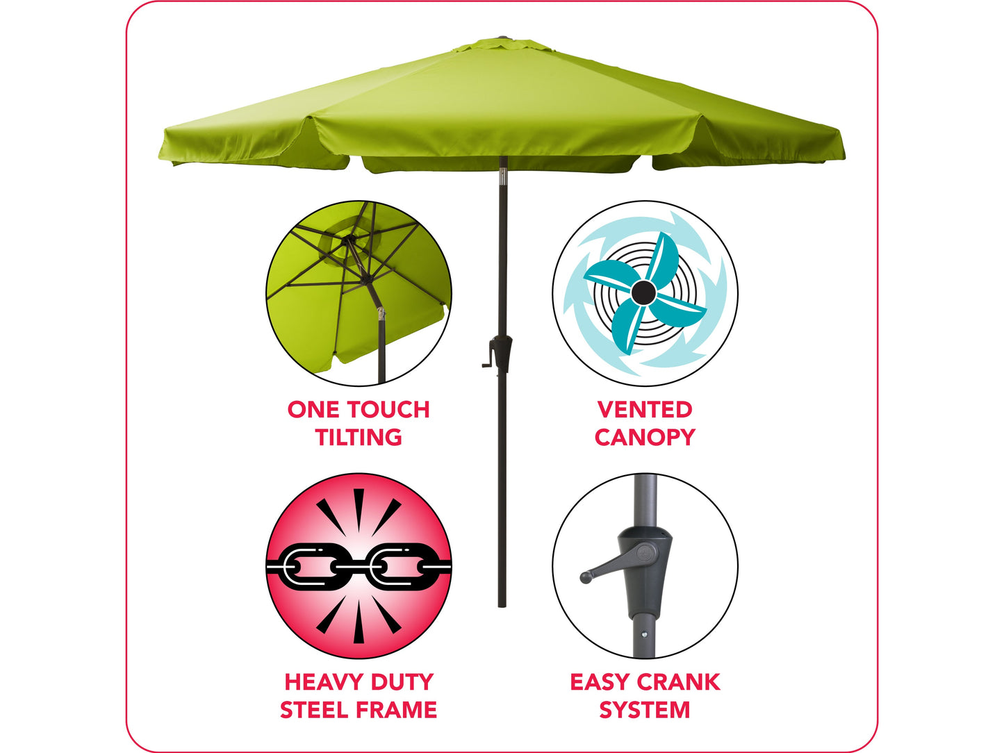 10ft lime green patio umbrella, round tilting, UV-resistant fabric, sturdy aluminum pole, outdoor garden shade