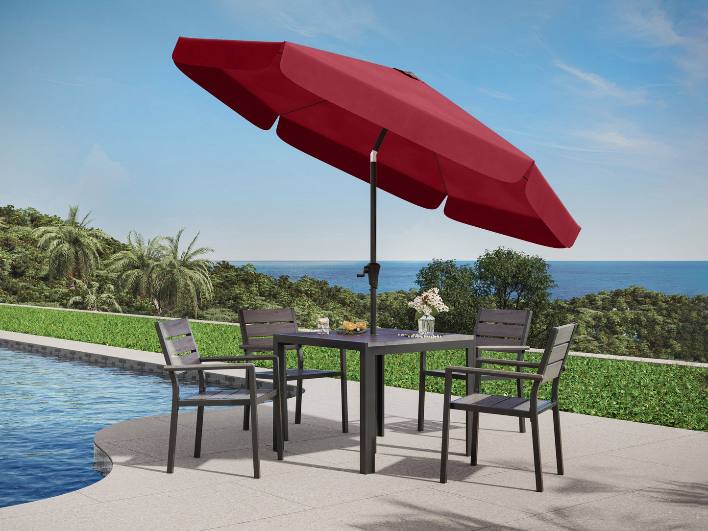 Wine red 10ft patio umbrella with tilting feature, round canopy, and sturdy metal pole for outdoor use.