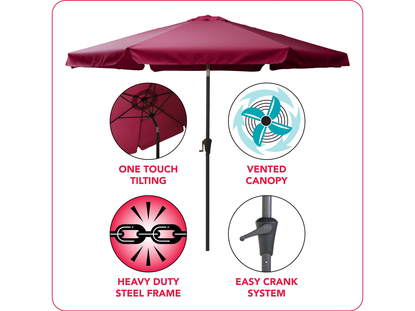 10ft round tilting patio umbrella in wine red with sturdy metal frame and crank handle for outdoor shade