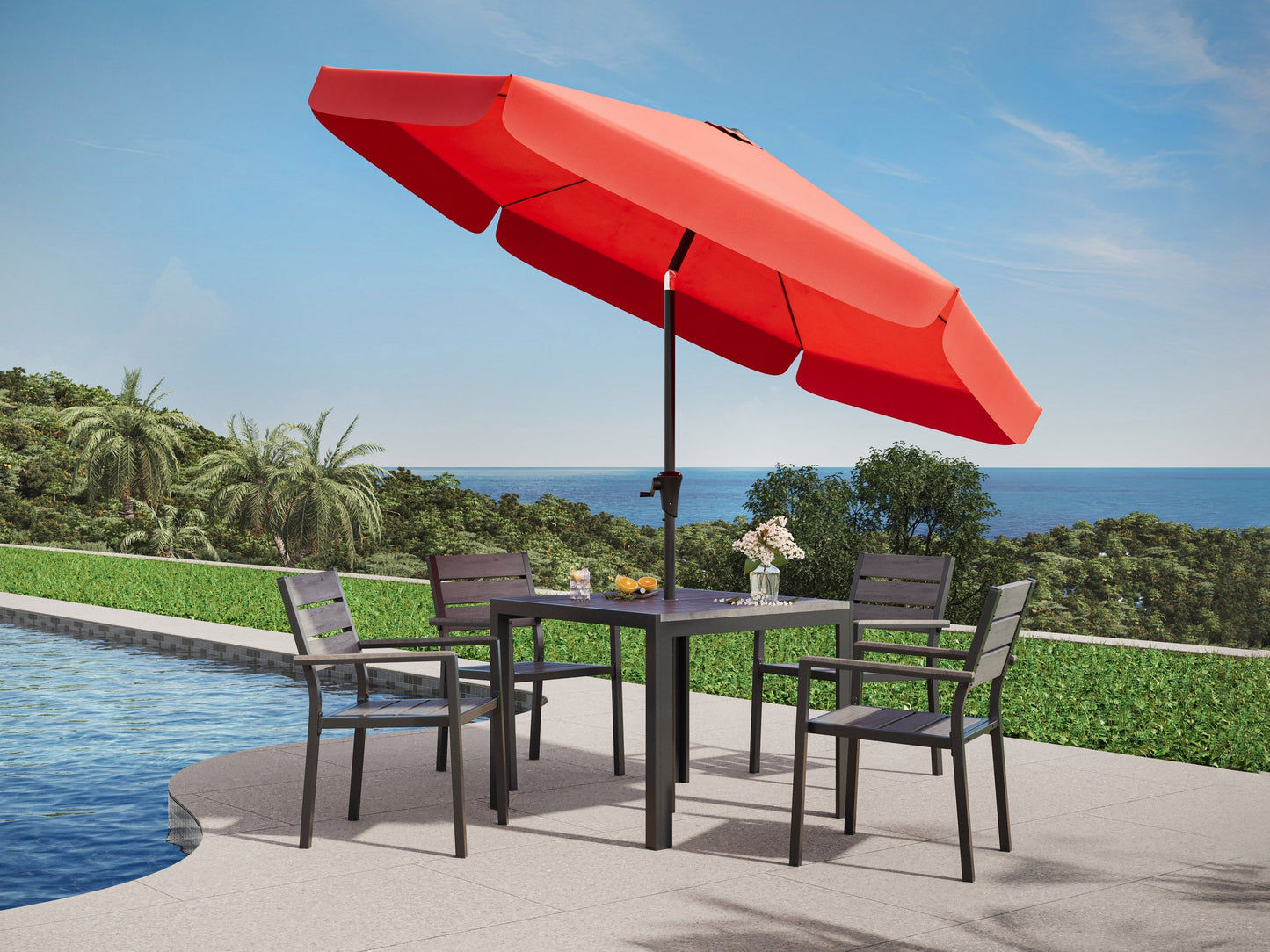 Crimson red 10ft patio umbrella with tilting feature, round canopy, and sturdy metal pole for outdoor shade.