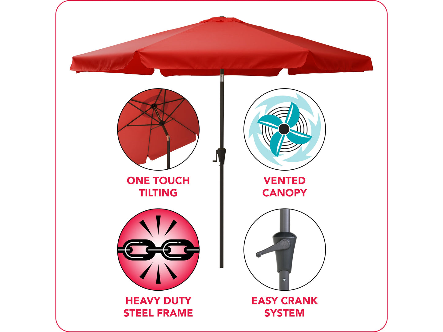 Crimson red 10ft patio umbrella with round tilting canopy, sturdy aluminum pole, and weather-resistant fabric.
